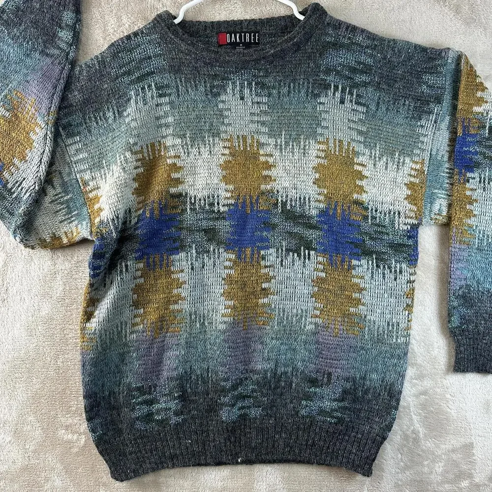Vintage Oaktree Sweater Mens Medium Gray Geometric Crew Neck Knit Pullover 90s